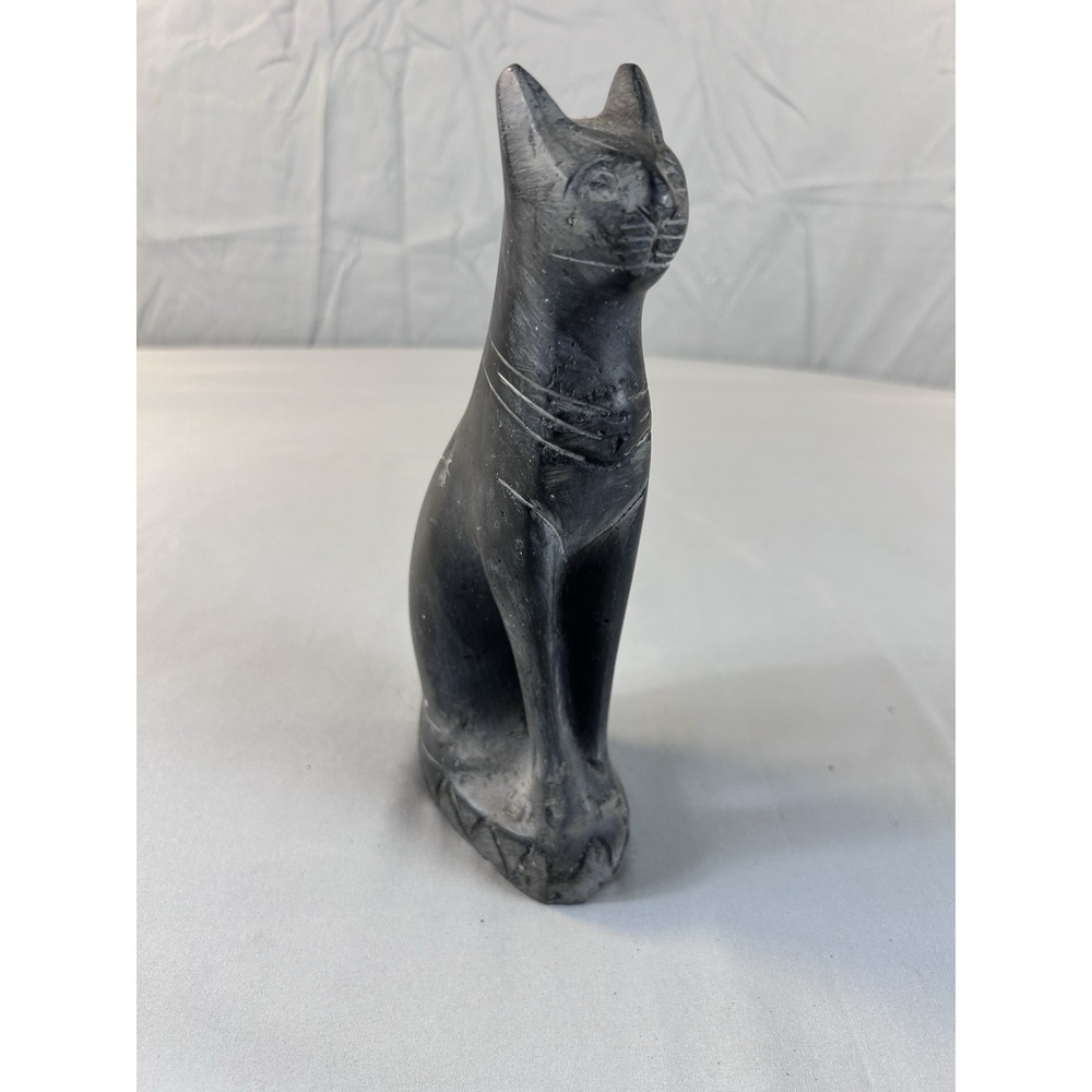 Vintage Hand Carved Soapstone Cat Figurine Black Stone‎ Statue 7" Tall